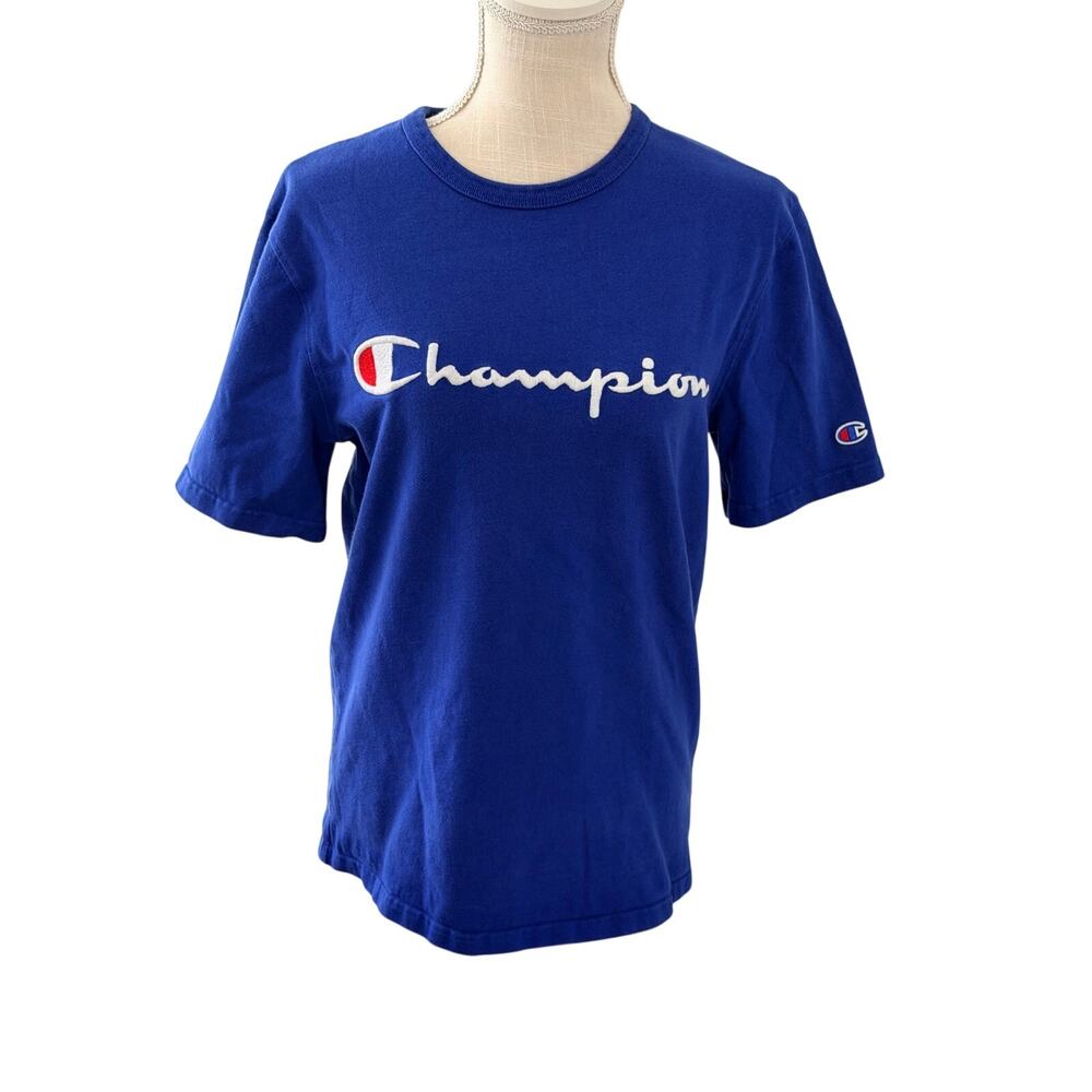Mens 1990's y2k Vintage Champion Blue Shirt Stichted Logo Thick Size Medium